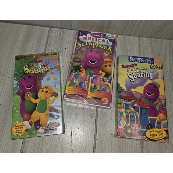 Barney VHS Lot 1 2 3 4 Seasons, All Aboard For Sharing, Musical Scrapbooking - Picture 1 of 11